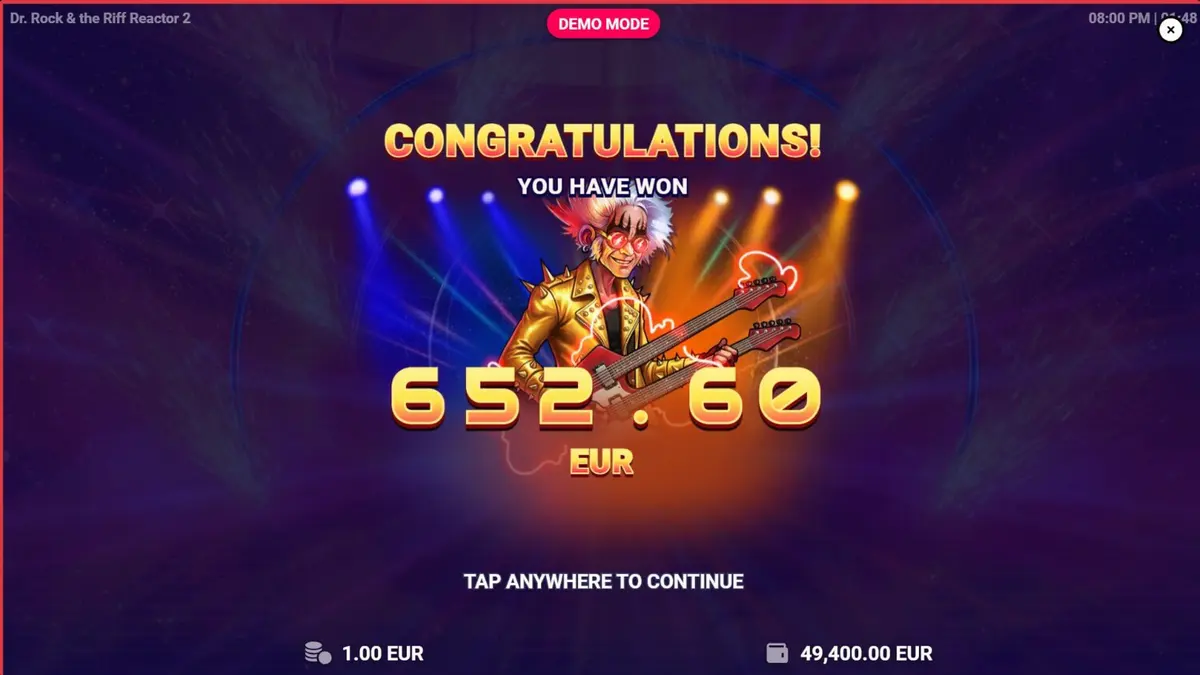 Dr. Rock & the Riff Reactor 2 slot game interface na may neon rock concert theme